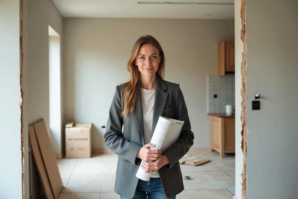 Propriétaire tenant des plans de rénovation devant un mur abattu dans un appartement en copropriété