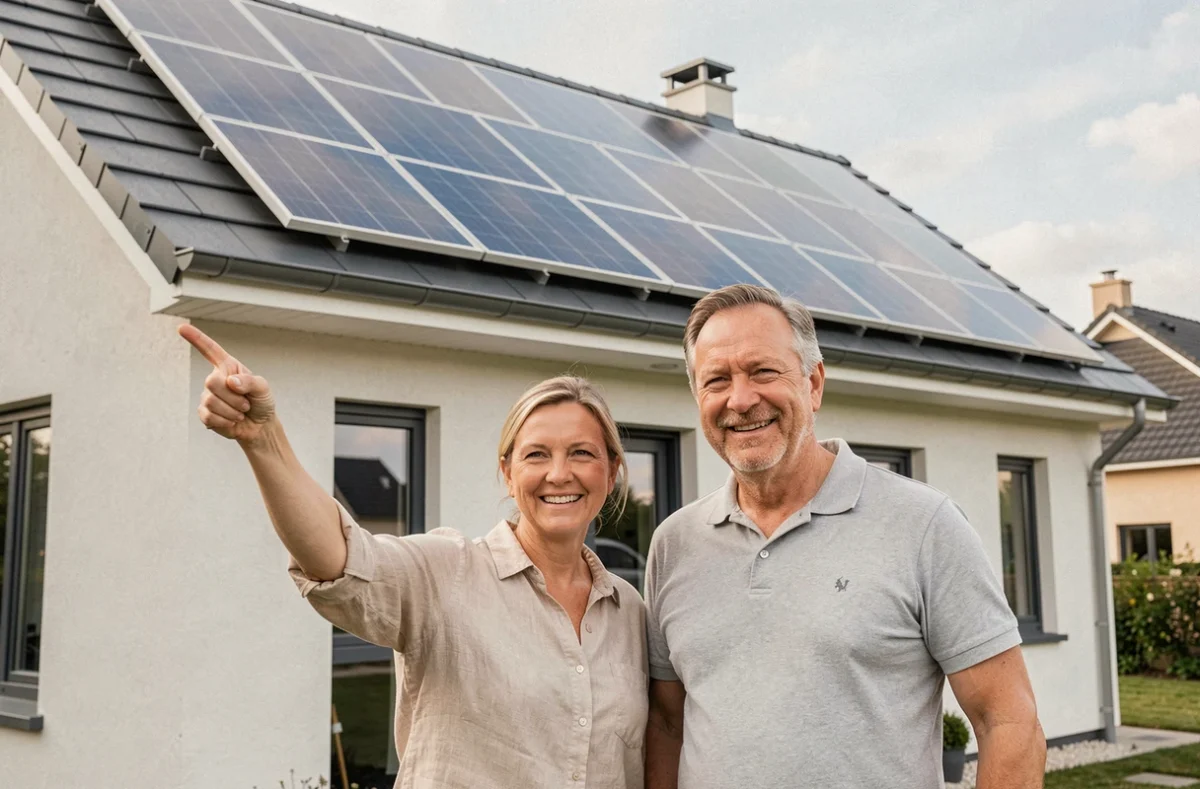 Couple de propriétaires devant leur maison équipée de panneaux photovoltaïques en location sur la toiture