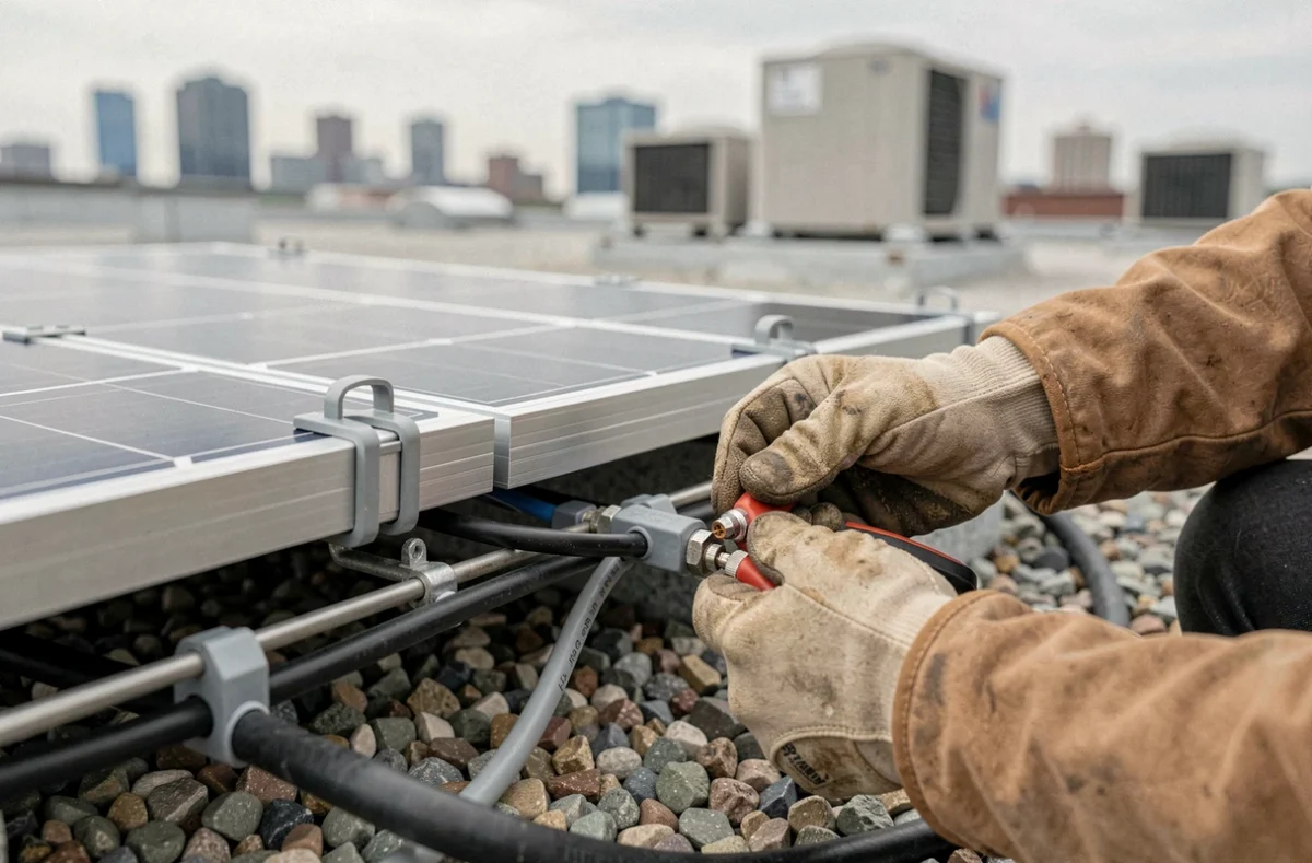 Raccordement électrique de panneaux solaires sur un toit commercial lors d'une installation photovoltaïque professionnelle