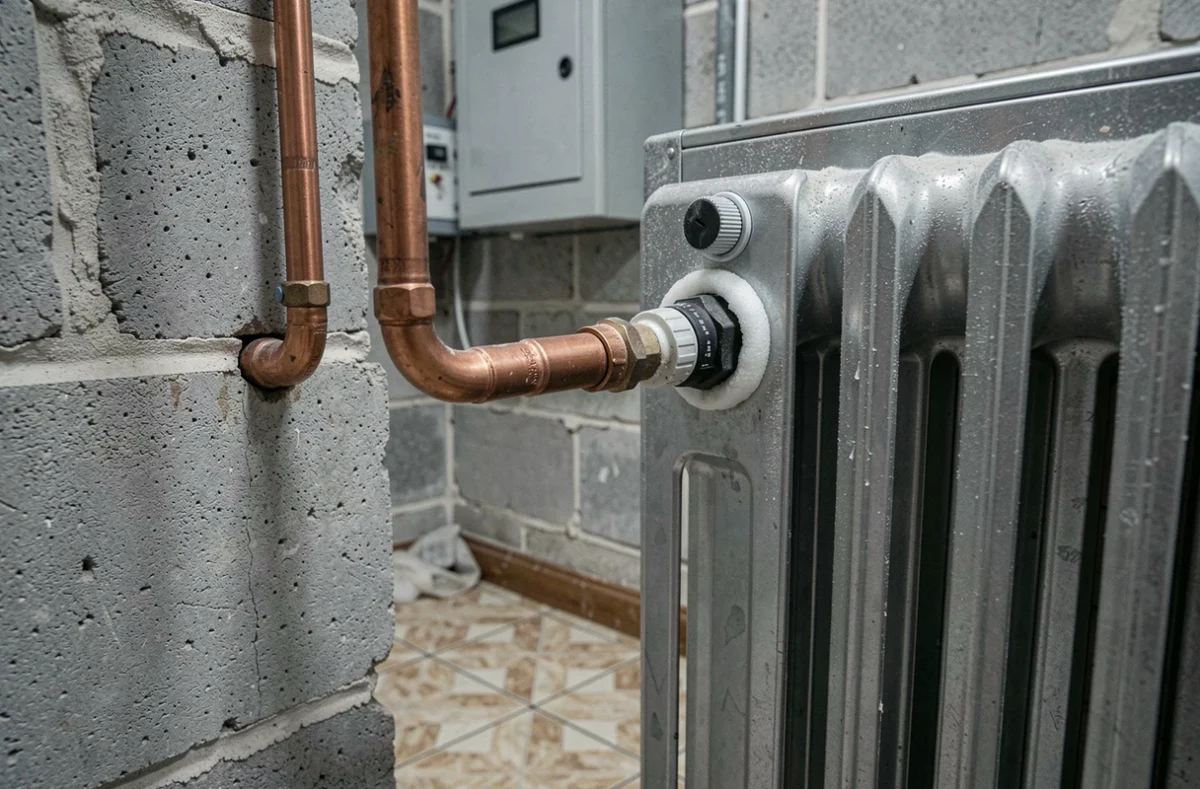 Détail du raccordement en cuivre d'une pompe à chaleur haute température sur un radiateur acier existant dans une chaufferie
