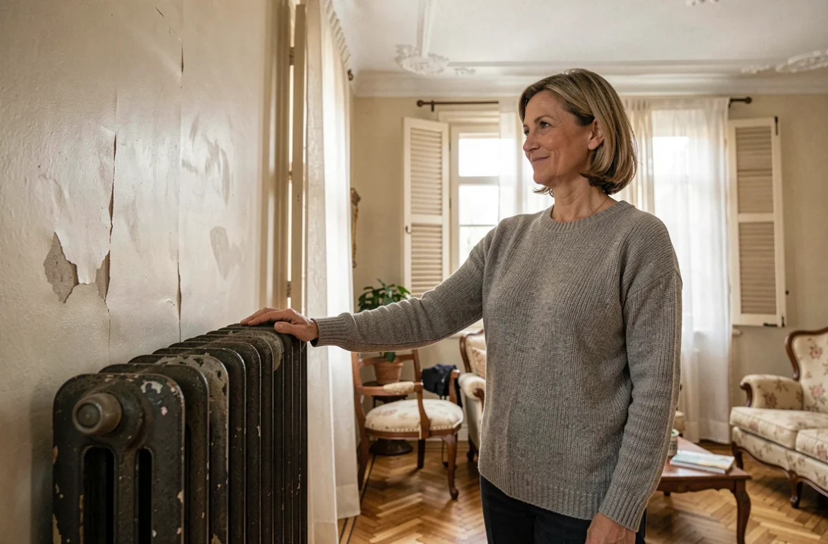 Femme dans un salon ancien posant la main sur un grand radiateur en fonte compatible avec une pompe à chaleur haute température