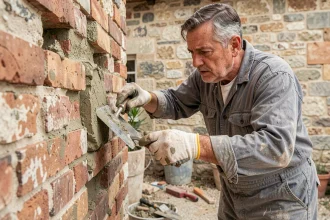 Artisan appliquant un joint à la chaux sur un mur en briques avec une truelle, examinant un mauvais dosage de mortier chaux sable
