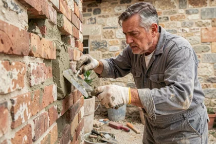 Artisan appliquant un joint à la chaux sur un mur en briques avec une truelle, examinant un mauvais dosage de mortier chaux sable
