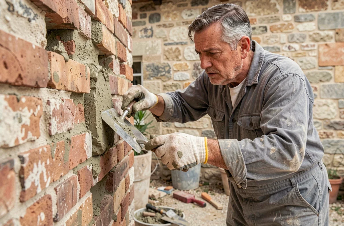Artisan appliquant un joint à la chaux sur un mur en briques avec une truelle, examinant un mauvais dosage de mortier chaux sable