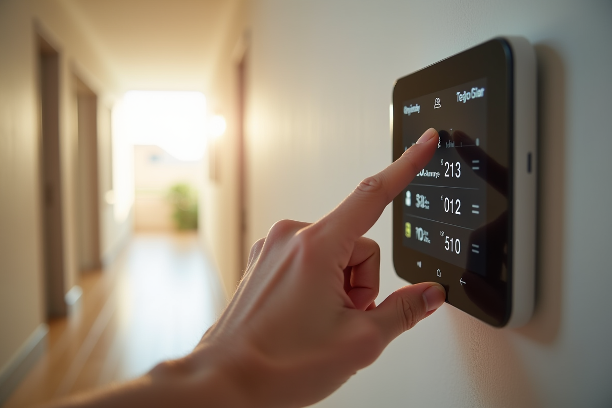 Main ajustant thermostat intelligent dans un couloir minimaliste