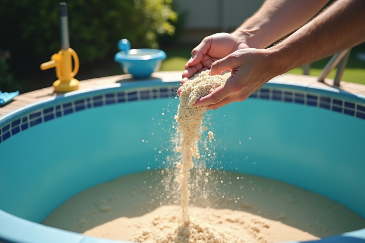 Technicien versant du sable dans un filtre à sable pour piscine