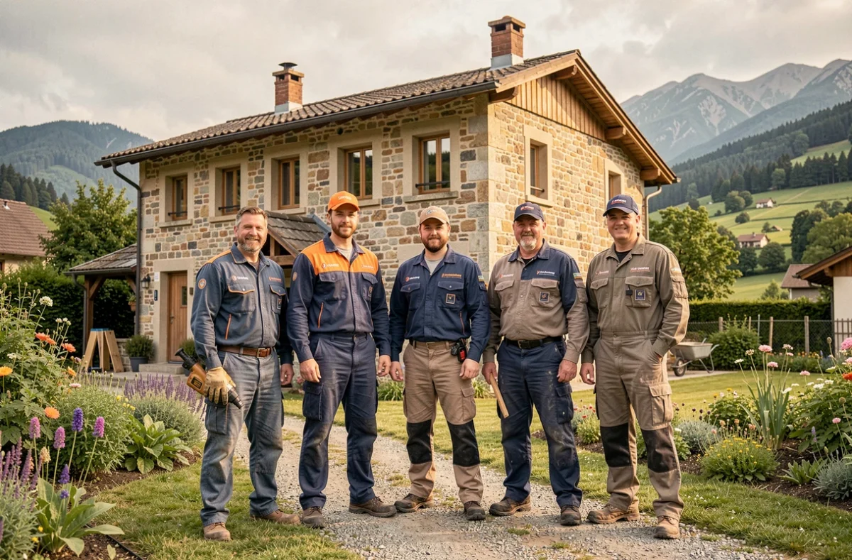 Groupement de sept entreprises jurassiennes de rénovation réunies devant une maison restaurée pour Renov'In Jura
