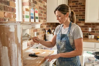 Femme qui repeint un meuble de cuisine en blanc dans le cadre d'une rénovation intérieure DIY