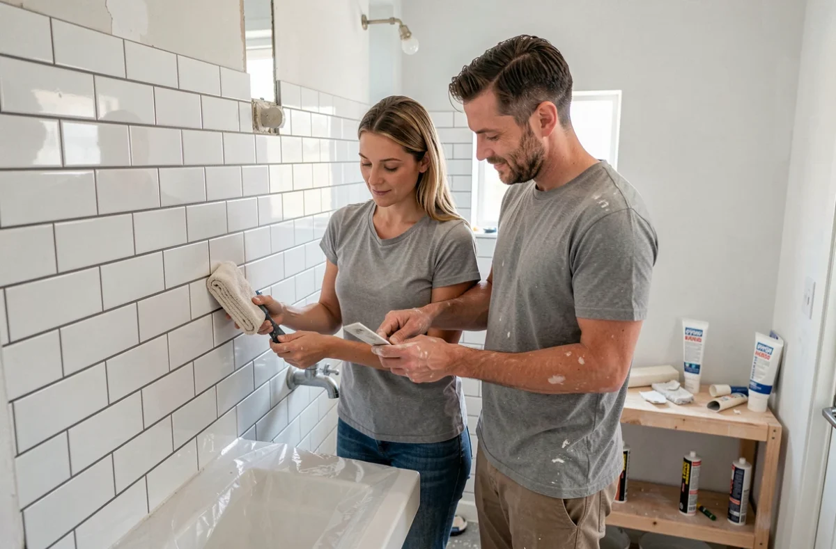 Couple posant des carreaux dans une salle de bain lors d'une rénovation intérieure budgétaire