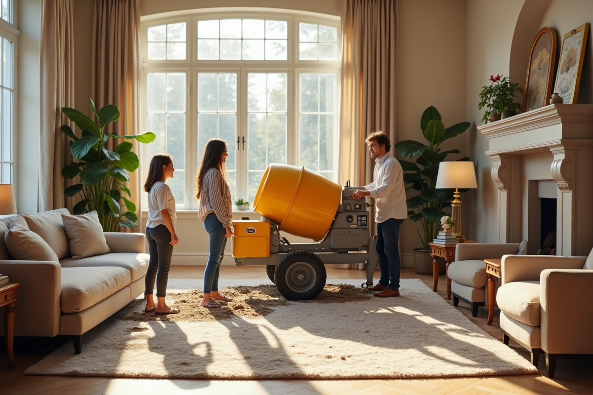 Salon élégant avec bétonnière sur tapis de luxe