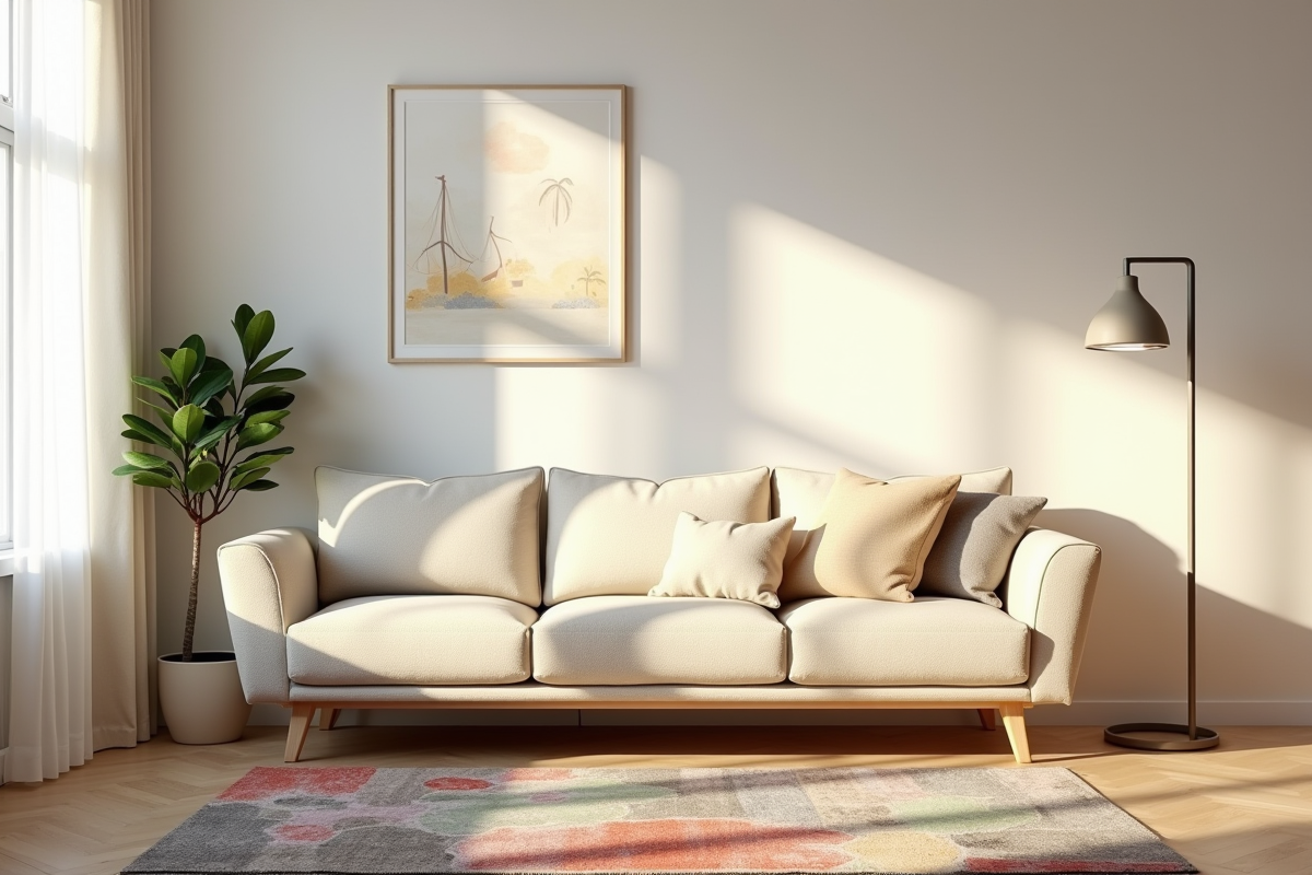 Salon scandinave avec canapé beige et décoration minimaliste