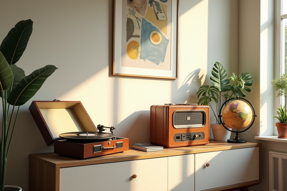 Salon lumineux avec mobilier vintage et accessoires rétro