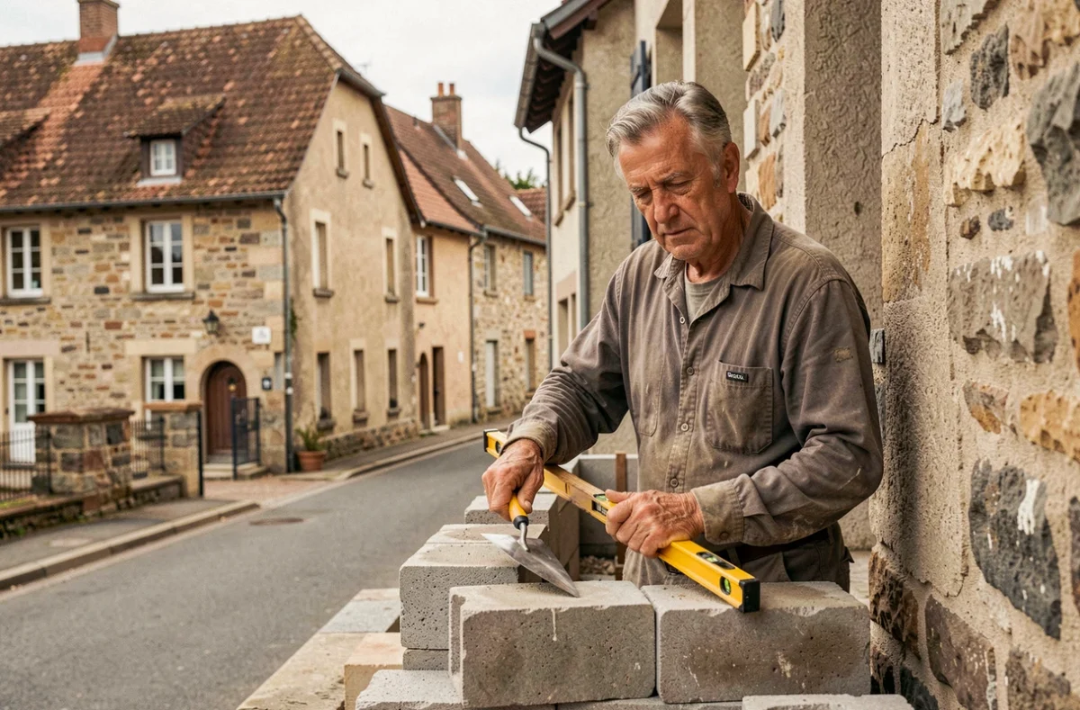 Maçon posant des pierres sur une façade en cours de rénovation à Dole pour la Sarl Patrice Caron