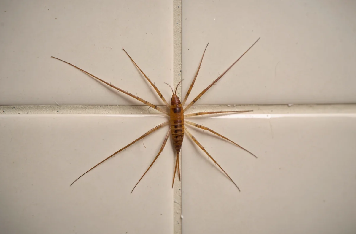 Scutigère véloce sur un mur de salle de bain