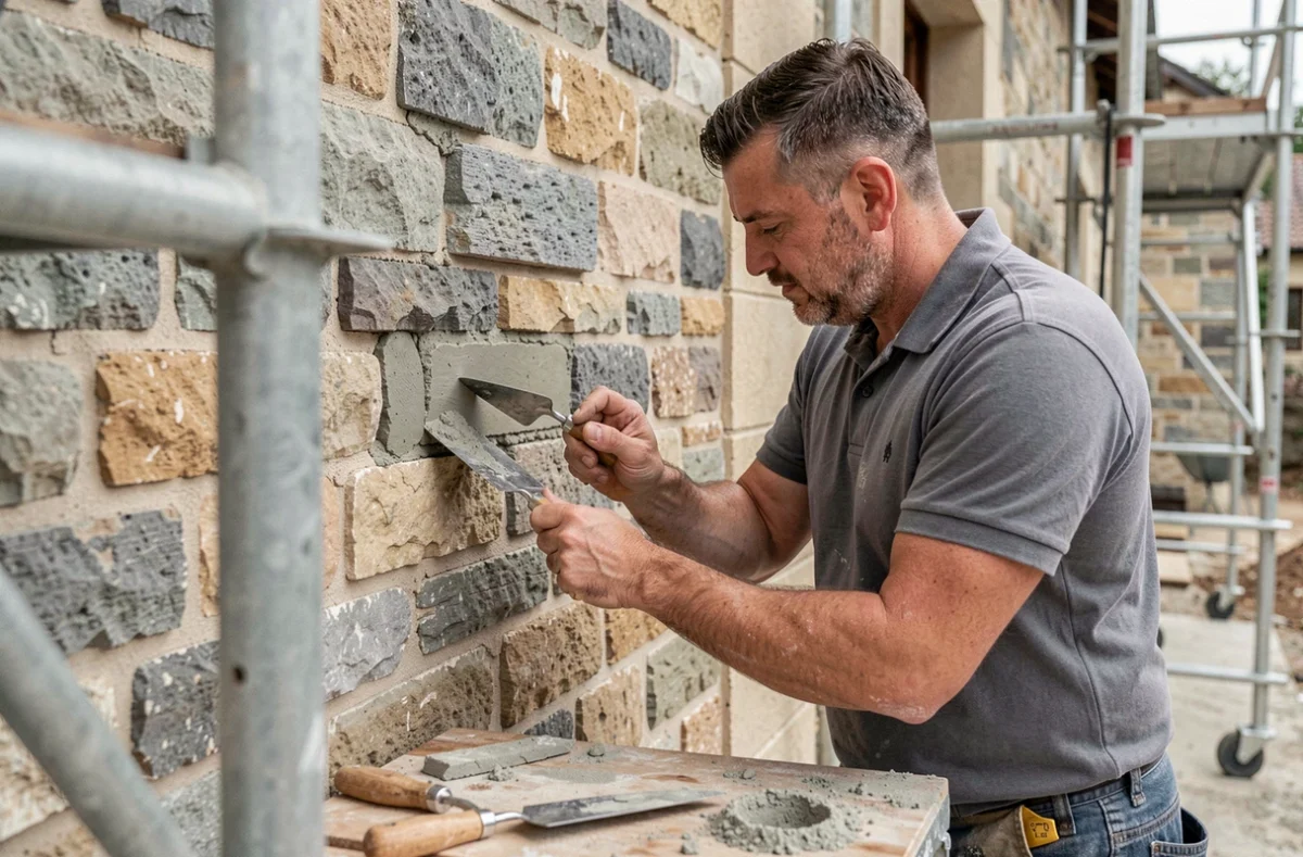 Maçon SDM Construction rejointoyant un mur en pierre lors d'une rénovation