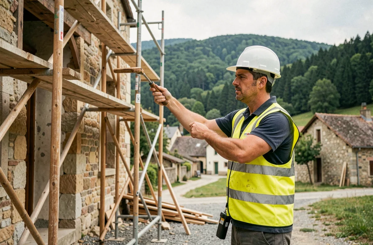 Ouvrier du bâtiment inspectant une structure en rénovation au Pasquier pour Seldion Hyska