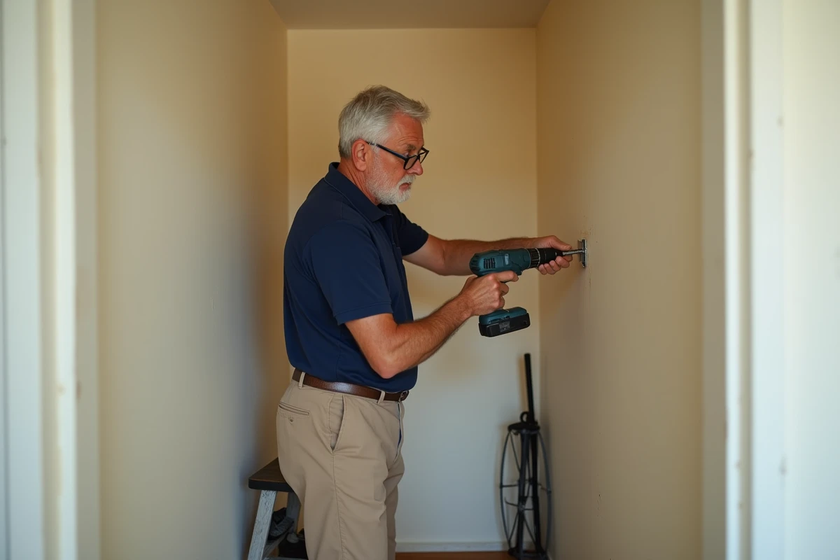 Un homme âgé installe seul une patère dans un couloir résidentiel avec une perceuse, montrant les défis du bricolage à domicile pour les seniors