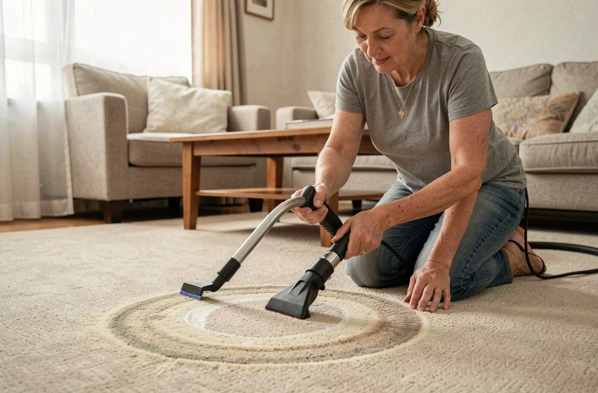 Femme utilisant une shampouineuse sur une moquette beige pour traiter une auréole d'ancien nettoyage