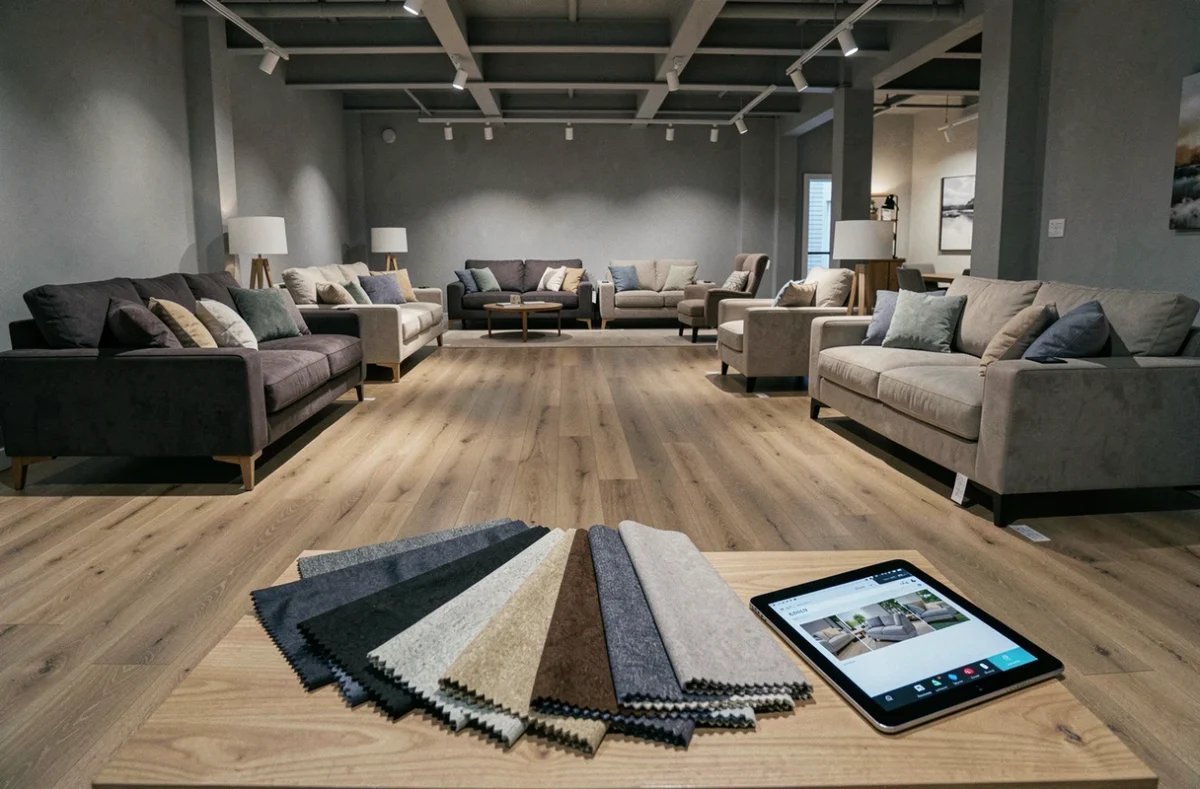 Vue intérieure d'un showroom de canapés et fauteuils Poltron et Sofa à Aubagne avec des échantillons de tissu et une tablette numérique