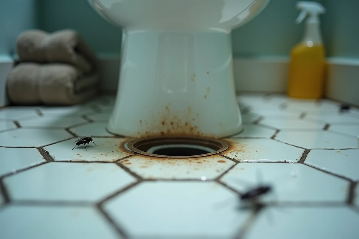 Siphon de sol de salle de bain avec biofilm et mouches à drains sur carrelage ancien