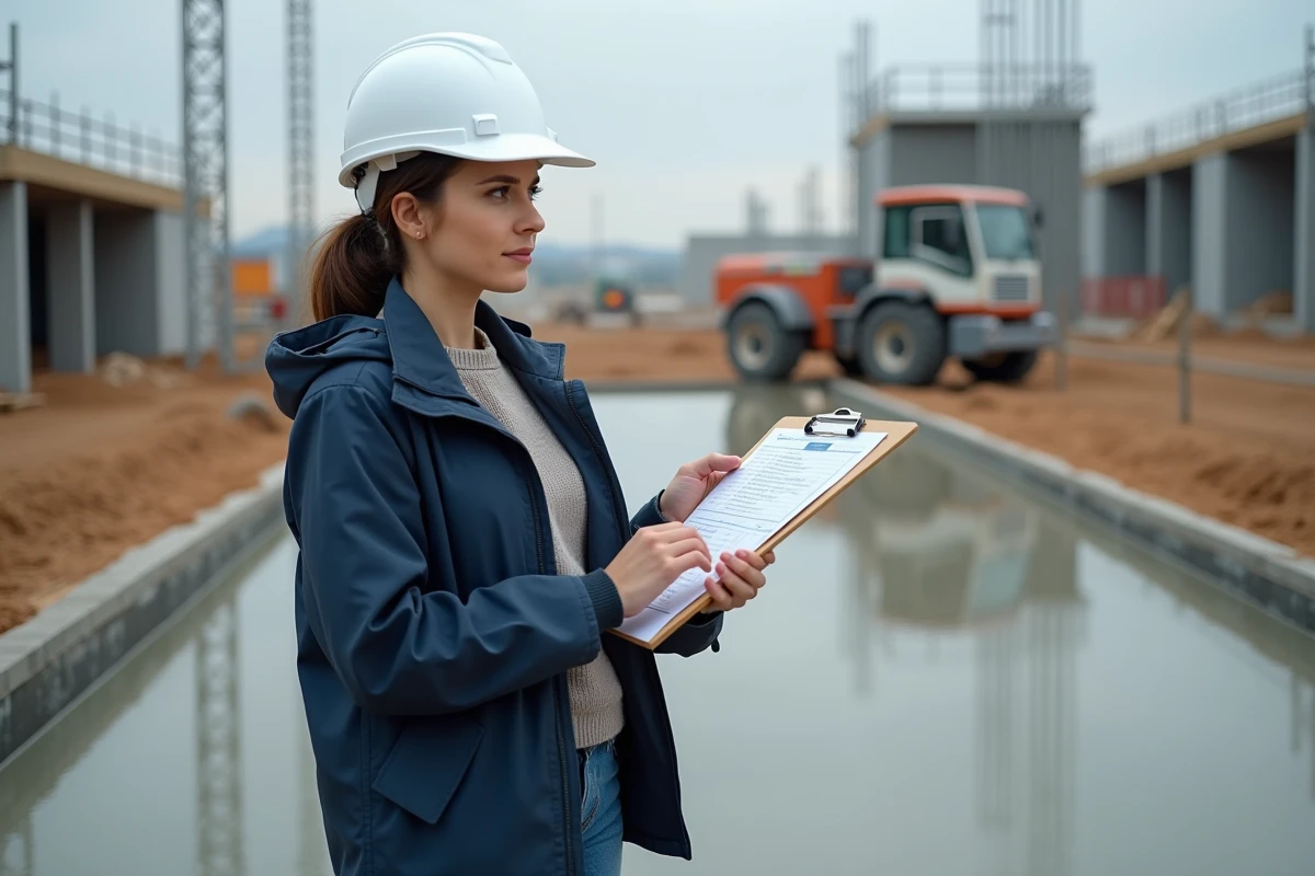 Superviseure vérifiant un plan de dosage sur un chantier moderne