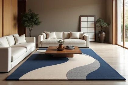 Tapis japonisant sur mesure à motifs géométriques indigo et ivoire dans un salon minimaliste avec écran shoji et bonsaï