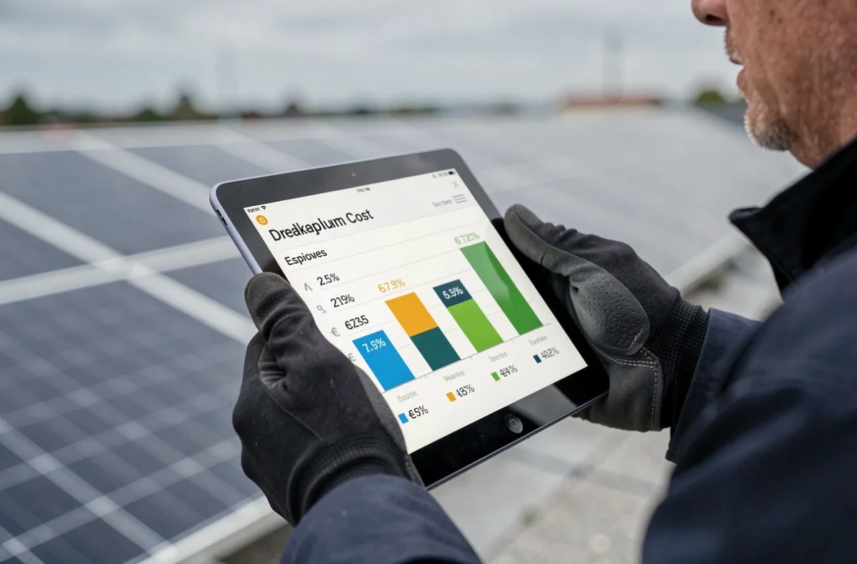 Technicien consultant un tableau des coûts d'installation de panneaux solaires sur une tablette numérique