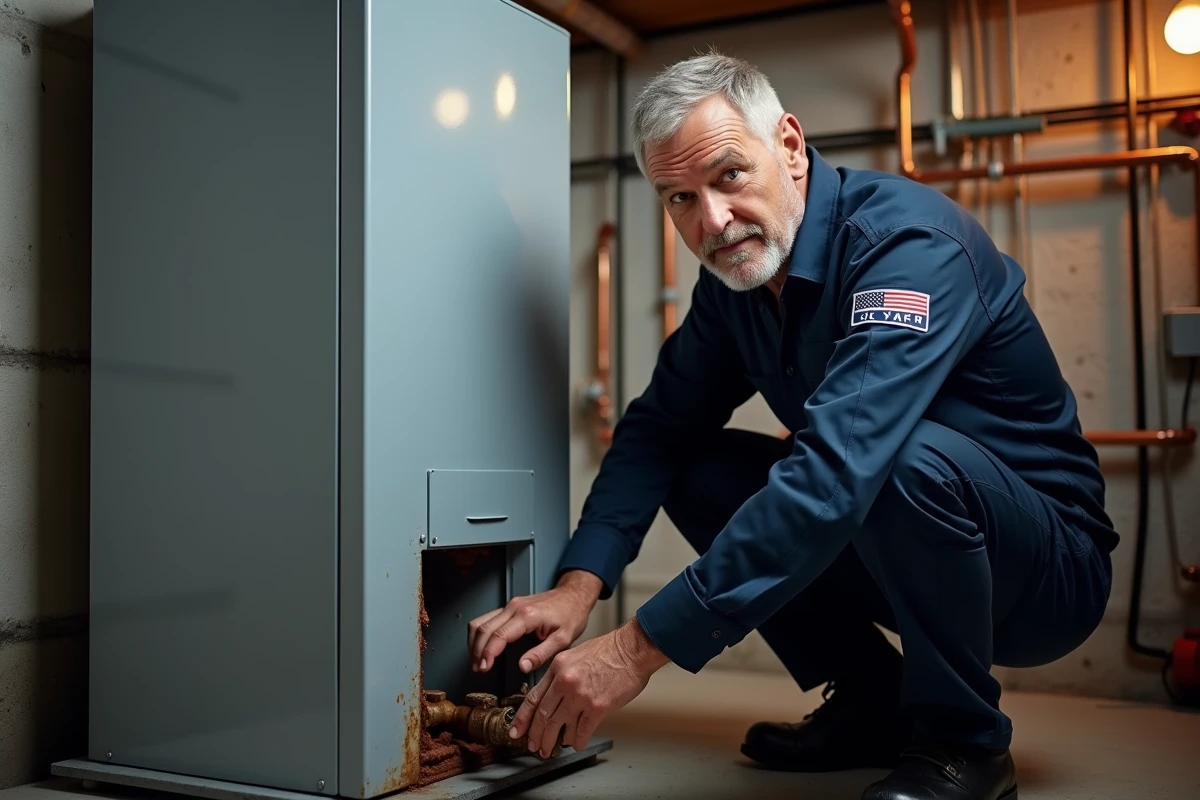 Technicien inspectant une fuite sur une chaudière fioul dans une chaufferie résidentielle