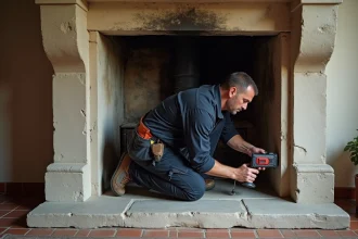 Technicien inspectant l'intérieur d'une ancienne cheminée en pierre avant installation d'un insert à granulés