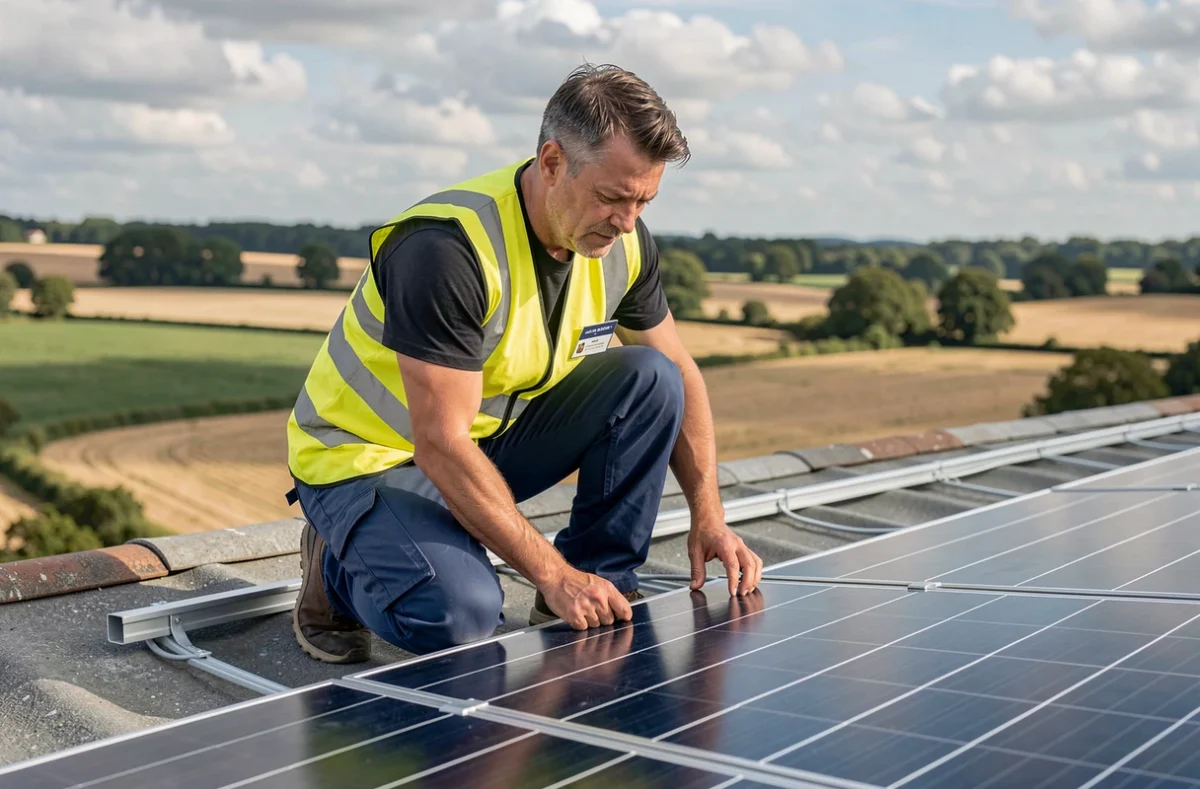 Technicien inspectant des panneaux photovoltaïques sur une toiture lors d'une installation en zone rurale