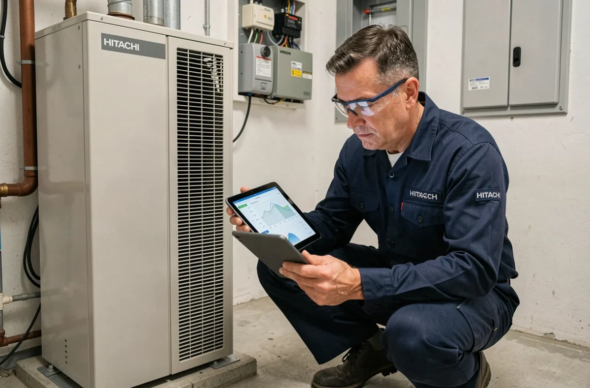 Technicien HVAC inspectant une pompe à chaleur Hitachi air-eau dans une chaufferie résidentielle