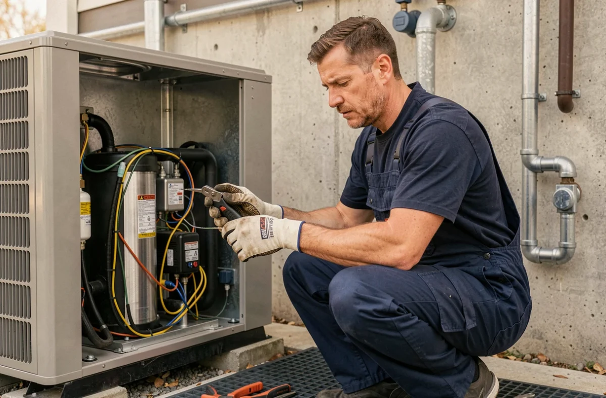 Technicien HVAC inspectant le compresseur interne d'une pompe à chaleur air eau lors d'une intervention de maintenance