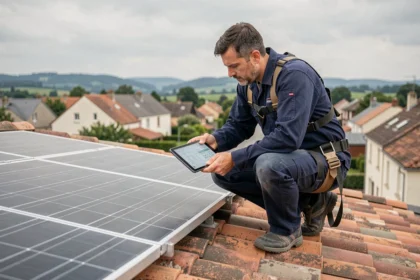 Technicien solaire inspectant des panneaux photovoltaïques sur un toit de maison à Roanne