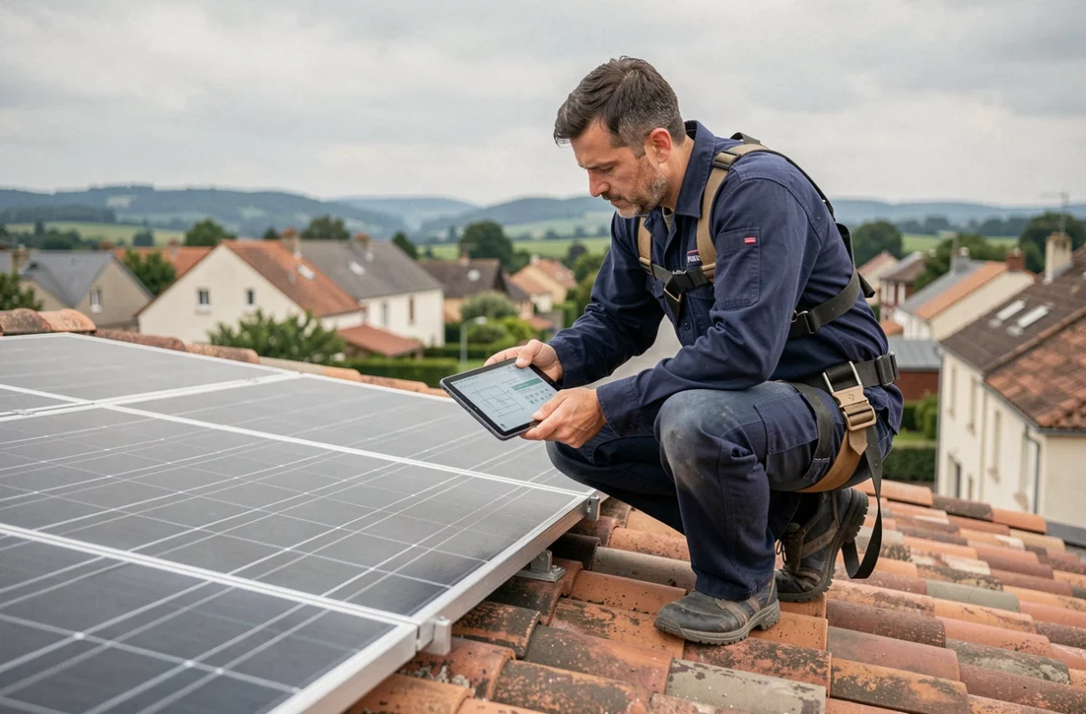Technicien solaire inspectant des panneaux photovoltaïques sur un toit de maison à Roanne