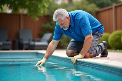 Technicien piscine homme examine algues sur la ligne d'eau