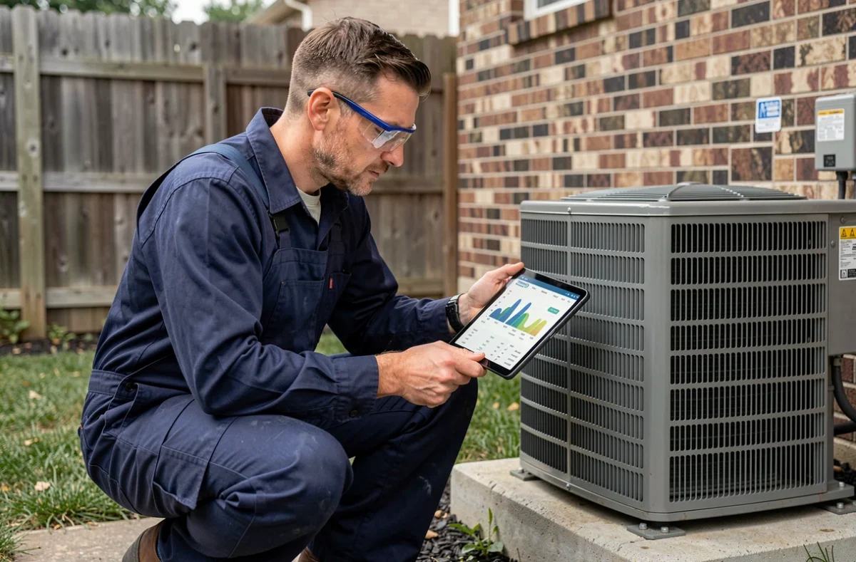 Technicien HVAC consultant les données de fonctionnement d'une pompe à chaleur lors d'une intervention