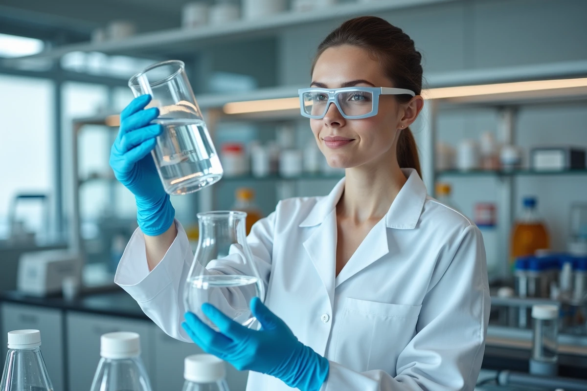 Technicienne de laboratoire analysant un échantillon d'eau dans un laboratoire de contrôle qualité spécialisé en traitement HU