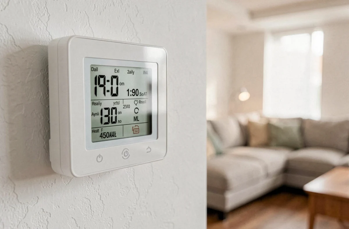 Thermostat numérique affichant le programme de fonctionnement journalier d'une pompe à chaleur