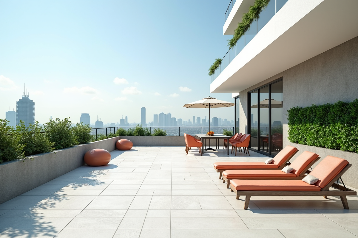 Terrasse sur le toit avec chaises colorées et plantes vertes