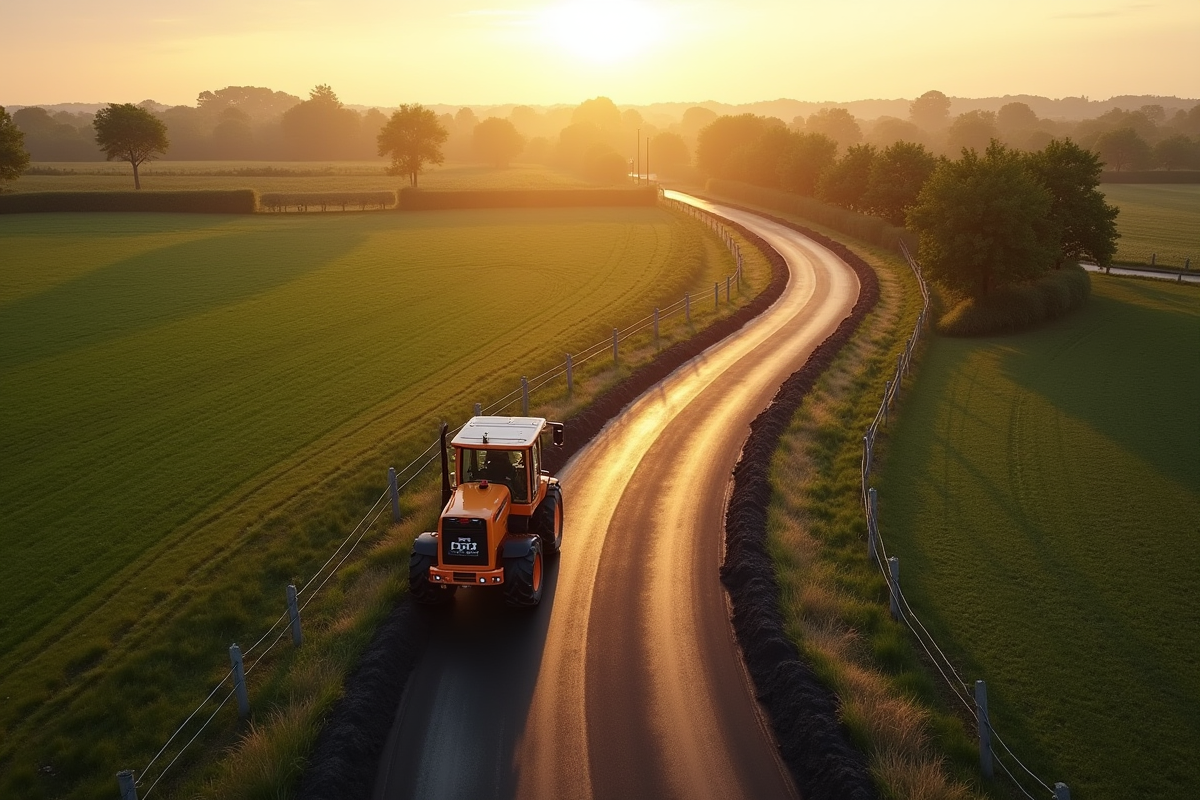 Travailleurs appliquant l asphalte sur une allée rurale en fin de journée