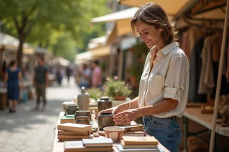 Vendeuse arrangeant des objets d'occasion sur une table lors d'un vide grenier en plein air à Montpellier