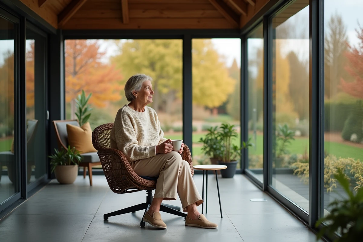 Femme profitant de sa véranda aménagée en espace de vie confortable toute l'année, avec vue sur le jardin en automne, réalisée par un fabricant de vérandas régional