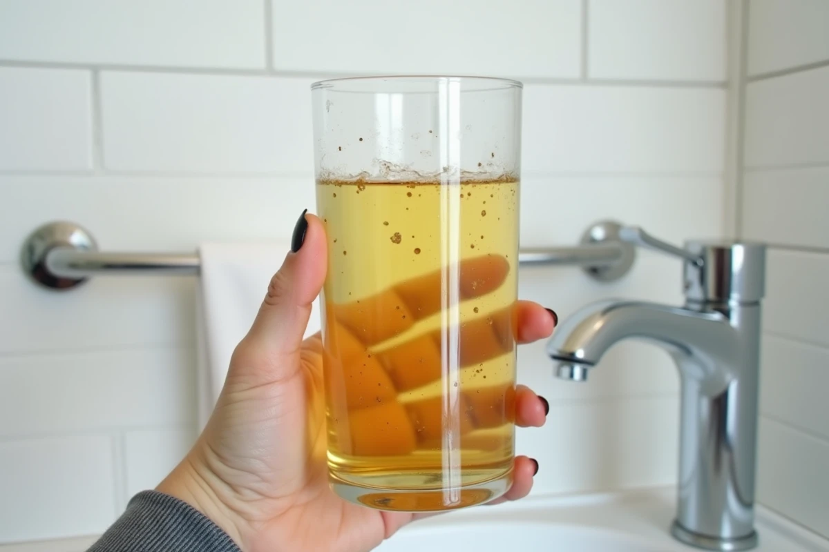 Verre d'eau du robinet de couleur jaune tenu devant un carrelage blanc révélant une eau contaminée